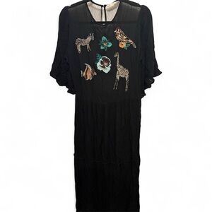 Zara Black Midi Dress with Animal Embroidery